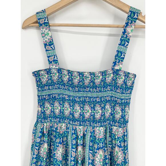 ZARA Long Printed Dress Floral Embroidered Square Neck Smocked Ruffle Maxi, Blue - Picture 13 of 16
